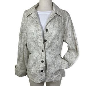 Animal print utility truckers jacket by Tria, Women's large tan & cream coat